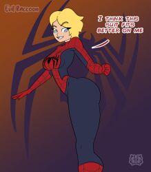 1girls ass ass_focus big_ass blonde_hair blue_eyes dialogue evil_raccoon female female_only fully_clothed gwen_stacy marvel marvel_comics medium_breasts short_hair solo spider-gwen spider-man spider-man_(series) superheroine thick tight_clothing