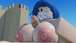 1boy 1girls 3d arsenal_(rolve) beach big_breasts big_penis blue_hair delinquent_(rolve) hand_on_breast huge_breasts looking_at_penis mask masked_female nipples paizuri penis public public_nudity roblox roblox_game robloxian rolve tagme vampire_(rolve) vizzerizrr34