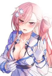 1girl 1girls blush blushing_at_viewer clothed female female_only flashing flashing_breasts girls'_frontline girls_frontline gloves israel jingo looking_at_viewer negev_(girls'_frontline) negev_(girls_frontline) nipples_bulge nipples_visible_through_clothing pink_eyes pink_hair simple_background star_of_david sweat sweatdrop sweating sweaty_face white_background white_gloves