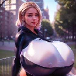 absurd_proportions absurdly_large_breasts ai_generated big_breasts breasts female female_only huge_breasts jackd22 large_breasts marvel marvel_comics massive_breasts no_bra see-through spider-gwen_(cosplay) spider-man:_across_the_spider-verse spider-man:_into_the_spider-verse spider-man_(series) tagme