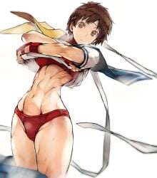 1girls abs athletic athletic_female bikini_bridge bra brown_eyes brown_hair buruma capcom clothes_lift clothes_pull clothing clothing_pull female fingerless_gloves handwear headband hip_bones hips human midriff muscle navel nishiide_kengorou pale_skin sakura_kasugano shirt_lift short_hair slender_waist steam steaming_body street_fighter surprised sweat thick_thighs tomboy toned toned_female toned_stomach underboob underwear undressing