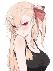 black_tank_top blonde_female blonde_hair blonde_hair_female blush blush_lines blushing_at_viewer breasts girls'_frontline girls_frontline jingo looking_at_viewer negev_(girls'_frontline) negev_(girls_frontline) red_eyes simple_background smiling smiling_at_viewer tank_top white_background