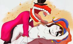 2023 2d 2d_(artwork) 2d_artwork big_tongue black_pants bow_tie breasts brown_hair caine_(the_amazing_digital_circus) eyes female glitch_productions gloves gooseworx harubonnie jester jester_cap jester_costume jester_girl jester_hat jester_outfit looking_at_each_other looking_at_partner magician magician_hat male nipples panties pomni pomni_(the_amazing_digital_circus) short_hair small_breasts straight the_amazing_digital_circus thighs tuxedo white_body