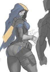 air_jerk ass bungie cloak clothed_female clothing dare_to_exist destiny_(game) elsie_bray exo exo_stranger hood hooded_cloak jerking_off_hand_motion plain_background robot robot_girl sidescreen_character thick_thighs thighs tight_clothes tight_clothing tight_fit tight_pants white_background