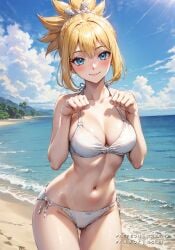 ai_generated bikini blonde_hair blue_eyes dr.stone embarrassed hchan115 kohaku_(dr.stone) nervous shy smile smiling smiling_at_viewer stable_diffusion white_bikini