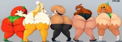 5girls :3 ass big_ass bubble_ass bubble_butt cheese_toppin clothing female fruit_humanoid garazune group hi_res lineup looking_at_viewer looking_back mouthless mushroom_girl mushroom_toppin pineapple_toppin pizza_tower rear_view sausage_toppin tagme tomato_toppin toppin_gals toppin_gals_minus8