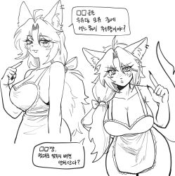 2023 anchovy_(cursedanchovy) apron big_breasts blush breasts canine cursedanchovy ear_piercing eyebrows eyebrows_visible_through_hair female female_only freckles furry furry_only half-closed_eyes huge_breasts inner_ear_fluff korean_text long_hair open_mouth shark shark_tail simple_background wolf wolf_ears wolf_girl