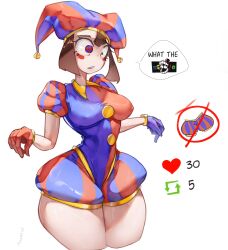 2023 2d 2d_(artwork) 2d_artwork artist_request big_thighs breasts brown_hair confused confused_look female glitch_productions gloves gooseworx jester jester_cap jester_costume jester_girl jester_hat jester_outfit nipples nipples_visible_through_clothing pomni pomni_(the_amazing_digital_circus) short_hair small_breasts the_amazing_digital_circus thick_thighs thighs twitter twitter_strip_game white_body