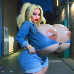 ai_generated bad_anatomy big_breasts big_lips bimbo blonde_female blonde_hair breasts foxy_menagerie_verre giant_breasts huge_breasts huge_lips jackd22 jean_shorts large_breasts large_lips lips massive_breasts tagme thick_lips