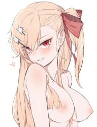 blonde_female blonde_hair blonde_hair_female blush blush_lines blushing_at_viewer breasts breasts_out girls'_frontline girls_frontline jingo looking_at_viewer negev_(girls'_frontline) negev_(girls_frontline) nude nude_female red_eyes simple_background smiling smiling_at_viewer topless topless_female white_background