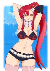 1girls armpits arms_up bikini_top breasts eclypse female female_only hair_ornament hands_behind_head long_hair medium_breasts open_mouth pink_socks ponytail pose red_hair scarf smile socks solo tagme tengen_toppa_gurren_lagann thigh_socks thighhighs thighs yellow_eyes yoko_littner