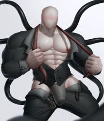 1boy 2023 balls bara bara_tits barazoku big_bulge bulge clothing creepypasta gay hi_res highres huge_bulge male male_focus male_nipples male_only manly muscular_male nipples no_face penis penis_outline slenderman solo solo_male taking_clothes_off tentacle thong underwear white_body yaoi yop5281