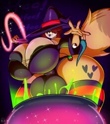 2023 anthro areola balls_outline big_breasts breasts canid canine cauldron clothing colored genital_outline gynomorph hat headgear headwear hi_res huge_breasts intersex kirbot12 mammal thick_thighs witch_hat