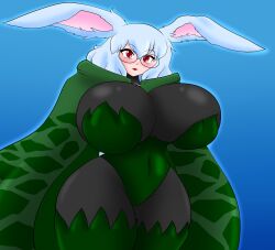 big_breasts blue_background breasts_bigger_than_head bunny_ears glasses green_clothing looking_at_viewer red_eyes simple_background tagme thick_thighs ultrazeta120 white_hair