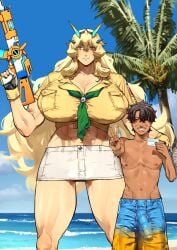 1boy 1girls abs barghest_(gawain)_(fate) barghest_(swimsuit_archer)_(first_ascension)_(fate) beach biceps blonde_hair blue_shorts blue_sky blush breasts brown_hair bulge cleavage erection erection_under_clothes fate/grand_order fate_(series) female fingerless_gloves fujimaru_ritsuka_(male) gloves green_eyes grey_skirt gun height_difference highres huge_breasts long_hair looking_at_viewer midriff miniskirt muscular_female navel neckerchief nimuno_(munimuni) palm_tree pencil_skirt shirt shore short_hair short_sleeves shorts sidelocks size_difference skirt sky tall tall_female tan thick_thighs thighs tied_shirt tree v variant_set very_long_hair weapon yellow_gloves yellow_shirt