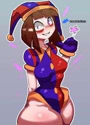 2023 2d 2d_(artwork) 2d_artwork artist_request big_thighs breasts brown_hair female glitch_productions gloves gooseworx huge_thighs jester jester_cap jester_costume jester_girl jester_hat jester_outfit looking_at_viewer pomni pomni_(the_amazing_digital_circus) short_hair small_breasts smiling the_amazing_digital_circus thick_thighs white_body