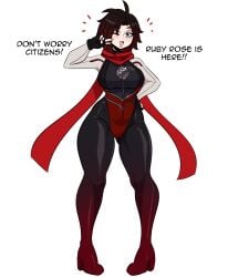 1girls breasts busty dc dc_comics dialogue female high_heels hips justice_league_x_rwby:_super_heroes_and_huntsmen kinathefox leotard looking_at_viewer one_eye_closed open_mouth peace_sign pose ruby_rose rwby thick_thighs thighs tight_clothing white_background