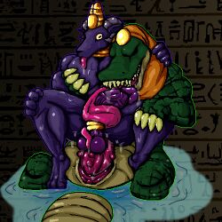 absurd_res animal_genitalia anthro big_penis bovid caprine duo egyptian egyptian_mythology feral genitals goat hi_res male male/male mammal middle_eastern_mythology muscular mythology pec_grab pecs penetration penis scalie sex size_difference slit tongue tongue_out velvetdraw