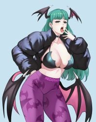 1girls alternate_costume bat_wings bikini bikini_top_only black_bikini black_choker black_jacket blue_background bra breasts choker cleavage clothing darkstalkers demon_girl fangs female female_only green_eyes green_hair hand_on_own_hip head_wings jacket large_breasts long_hair long_sleeves looking_at_viewer meziosaur morrigan_aensland open_clothes open_jacket open_mouth pants purple_pants simple_background solo succubus succubus_costume succubus_wings swimsuit tongue tongue_out vampire_(game) white_skin wings yoga_pants