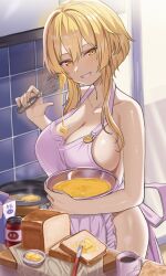 1girls apron blonde_hair bowl bread breasts butter butter_knife cooking food frying_pan genshin_impact holding_bowl holding_whisk kitchen kitchen_utensils large_breasts looking_at_viewer lumine_(genshin_impact) mixing_bowl naked_apron o-los purple_apron short_hair sidelocks whisk yellow_eyes