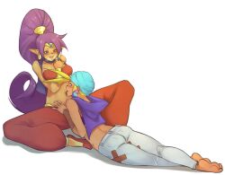 2girls blonde_hair blue_eyes breasts choker earrings female female_only harem_outfit harem_pants headwrap hoop_earrings jeans large_breasts laying_down licking licking_navel midriff multiple_girls navel navel_licking o-ring o-ring_top pants ponytail purple_hair red_pants shantae shantae_(character) sitting sky_(shantae) splayter vest yuri