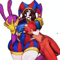 2023 2d 2d_(artwork) 2d_artwork anthro big_breasts big_thighs brown_hair bunny bunny_ears embarrassed female glitch_productions gloves gooseworx huge_breasts huge_thighs jax_(the_amazing_digital_circus) jester jester_cap jester_costume jester_girl jester_hat jester_outfit looking_at_partner looking_to_the_side male master_dcj pomni pomni_(the_amazing_digital_circus) purple_body short_hair smiling the_amazing_digital_circus thick_thighs white_body yellow_eyes yellow_mouth