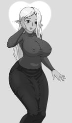 1futa big_breasts blush breasts clothed clothing curvy dark-skinned_futanari dark_skin elf elf_ears flaccid funou_(futanari_no_elf) futa_focus futa_only futanari futanari_no_elf hi_res long_hair monochrome nipples open_mouth revealing_clothes simple_background solo standing sufan white_background wide_hips