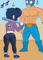 1boy 1girls ass ass_focus bat bibi_(brawl_stars) big_ass big_butt brawl_stars cosblueart dick dio_brando el_primo_(brawl_stars) from_behind jojo_reference muscles muscular muscular_male penis penis_under_clothes supercell thighs