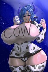 blue_eyes blue_hair breasts_bigger_than_head clothing collar cow_ears cow_girl cow_horns cow_print cow_print_armwear cow_print_panties cow_print_thighhighs female female_only ggrimmfield giant_breasts horns huge_breasts indie_virtual_youtuber looking_at_viewer miilkywayz milk shirt smiling smiling_at_viewer text_on_clothing thick_thighs tight_clothes tight_clothing virtual_youtuber vtuber