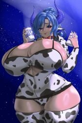 blue_eyes blue_hair breasts_bigger_than_head clothing collar cow_ears cow_girl cow_horns cow_print cow_print_armwear cow_print_bikini cow_print_panties cow_print_thighhighs female female_only ggrimmfield giant_breasts horns huge_breasts indie_virtual_youtuber looking_at_viewer mature_female miilkywayz milf milk smiling smiling_at_viewer thick_thighs tight_clothes tight_clothing virtual_youtuber vtuber