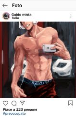 1boy boxers boxers_(clothing) chest_focus exposed_chest guido_mista head_out_of_frame holding_cellphone instagram italian_text jojo's_bizarre_adventure male male_chest male_only selfie solo vento_aureo yasushi/妥