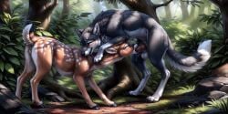 1boy 1boy1girl 1girls ai_generated anus balls blowjob blue_eyes blush brown_body brown_fur canine canine_penis cervid cervine claws cloven_hooves deer deer_tail fangs feral feral_on_feral feral_only fluffy_tail forest forest_background grey_body grey_fur hooves interspecies knot nightdancer paws penis pussy pussy_juice pussy_juice_drip raised_tail saliva saliva_drip saliva_on_penis spotted_body spotted_fur tail tan_fur teeth tongue tongue_out wolf yellow_eyes