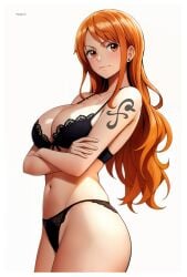 ai_generated bra breasts female female_only lingerie nami one_piece orange_eyes orange_hair panties post-timeskip prixmal solo underwear white_skinsuit