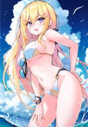 1girls absurdres animal bare_shoulders bikini bird blonde_hair blue_sky blush bracelet breasts cleavage cloud cloudy_sky cu-no day earrings fingernails hair_ornament hairclip hakurei_botan highleg highleg_bikini highres hisen_kaede jewelry long_hair looking_at_viewer medium_breasts nail_polish navel o-ring o-ring_bikini ocean open_mouth original outdoors partially_submerged purple_eyes scan seagull shiny_skin simple_background sky smile stomach sunglasses swimsuit thighs water water_drop