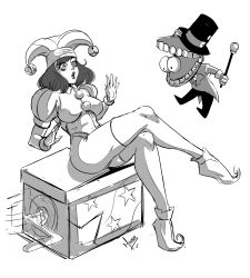 2023 2d 2d_(artwork) 2d_artwork big_thighs black_and_white black_pants bow_tie caine_(the_amazing_digital_circus) elmurcia eyes female glitch_productions gloves gooseworx jester jester_cap jester_costume jester_girl jester_hat jester_outfit looking_at_another magician magician_hat male medium_breasts pomni pomni_(the_amazing_digital_circus) short_hair sitting surprised the_amazing_digital_circus thick_thighs tuxedo