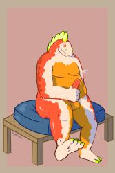 amur_carp anthro barazoku bench bodily_fluids carp cum cyprinid cypriniform ejaculation feet fish fragilescales genital_fluids hi_res inktober_2023 koi male marine masturbation mohawk overweight overweight_male pillow simple_background sitting solo solo_focus typical_carp