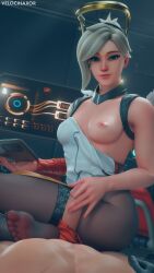 3d blonde_hair blue_eyes exposed_breasts exposed_nipples exposed_penis footjob handjob looking_at_viewer lowres mercy nipple_slip one_breast_out overwatch overwatch_2 pantyhose pov velocihaxor