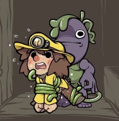 1boy 1boy1girl 1girls ana_spelunky caught caught_in_the_act eggplant female gummuru imminent_oral imminent_sex male monster ok_sign restrained spelunky spelunky_2 suspended tentacle tentacle_rape tentacle_sex torn_clothes