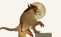 2023 4_ears 4_horns anthro ass balls big_balls biped brown_hair charr claws dewclaw digital_media_(artwork) erection fangs felid finger_claws fur genitals guild_wars hair hand_on_own_penis hi_res horn humanoid_genitalia humanoid_penis looking_at_viewer male mammal monotone_body monotone_fur multi_ear multi_horn penis ryland_steelcatcher simple_background solo solo_male step_pose tan_body tan_fur teeth toe_claws tuski white_background