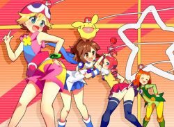 4girls ally_(puyo_puyo) amitie andou_ringo apple arle_nadja ass background blonde_hair blush brown_hair carbuncle_(puyo_puyo) closed_eyes green_eyes hat open_eyes orange_hair posing puyo_puyo puyo_puyo_7 puyo_puyo_fever red_hair skirt skirt_up smile stockings thick_thighs thighhighs yellow_eyes