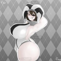 2023 2d 2d_(artwork) 2d_artwork big_ass big_breasts big_thighs black_and_white female glitch_productions gloves gooseworx huge_ass huge_breasts huge_thighs jester jester_cap jester_costume jester_girl jester_hat jester_outfit looking_at_viewer pomni pomni_(the_amazing_digital_circus) short_hair smiling smiling_at_viewer srnava text the_amazing_digital_circus thick_thighs