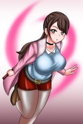 1girls big_breasts blouse_jacket brown_eyes brown_hair earrings jewelry momochi_kasumi pantyhose ponytail shirt shorts shuriken_sentai_ninninger super_sentai treezero