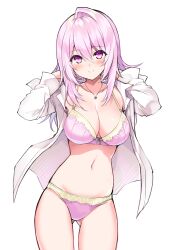 1girls ass_visible_through_thighs blush bow bow_bra bra breasts cleavage commentary_request cu-no hairbow hisen_kaede jewelry large_breasts looking_at_viewer medium_hair navel necklace open_clothes open_cuffs open_shirt panties pink_bra pink_eyes pink_hair pink_panties sakura_yayoi sidelocks simple_background smile solo underwear white_background