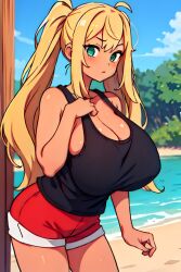 ai_generated black_tank_top blonde_hair dumbbell_nan_kilo_moteru? green_eyes huge_breasts red_shorts sakura_hibiki shorts tan_body tank_top tanned_skin