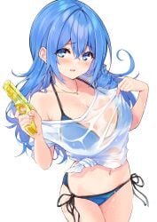 1girls armpit_crease bare_shoulders bikini bikini_under_clothes blue_bikini blue_eyes blue_hair blush breasts cleavage collarbone commentary_request cowboy_shot cu-no drill_hair earrings finger_on_trigger front-tie_top hair_between_eyes halterneck hands_up hisen_kaede holding holding_water_gun jewelry kohitsuji_ai large_breasts long_hair looking_at_viewer navel necklace no_pants off_shoulder open_mouth see-through shirt side-tie_bikini_bottom simple_background smile solo stomach string_bikini swimsuit t-shirt tied_shirt water_gun wet wet_clothes wet_shirt white_background white_shirt