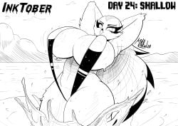 1girls anthro arms_up avian big_breasts bikini breasts busty cloud female female_only hands_behind_head helluva_boss huge_breasts inktober large_breasts looking_at_viewer milf mother mrmelted nipple_bulge ocean owl owl_demon sling_bikini solo stella_(helluva_boss) swimsuit thick_thighs water wide_hips