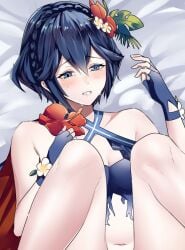 1girls alternate_costume ameno_(a_meno0) bare_arms bare_legs bare_shoulders bikini blue_bikini blue_swimsuit braid breasts cape cleavage clenched_teeth collarbone female female_only fingerless_gloves fire_emblem fire_emblem_awakening fire_emblem_heroes flower gloves hair_flower hair_ornament hibiscus implied_sex legs lucina_(fire_emblem) lucina_(summer)_(fire_emblem) lying marth_(fire_emblem_awakening) nintendo official_alternate_costume official_alternate_hairstyle on_back short_hair small_breasts solo spread_legs sweat swimsuit tearing_up tears teeth torn_clothes