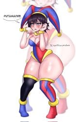 2023 2d 2d_(artwork) 2d_artwork big_ass big_thighs black_hair chainsaw_man cosplay crossover dialogue female glitch_productions gloves gooseworx higashiyama_kobeni huge_ass huge_thighs jester jester_cap jester_costume jester_girl jester_hat jester_outfit kobeni_pomni looking_at_another medium_breasts nerftheyordles pomni pomni_(cosplay) pomni_(the_amazing_digital_circus) short_hair tears the_amazing_digital_circus thick_thighs