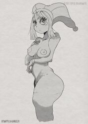 2023 2d 2d_(artwork) 2d_artwork ass big_ass big_thighs black_and_white breasts brown_hair female glitch_productions gloves gooseworx jester jester_cap jester_costume jester_girl jester_hat jester_outfit looking_at_viewer nipples nueler nuelerart pomni pomni_(the_amazing_digital_circus) short_hair small_breasts the_amazing_digital_circus thick_thighs