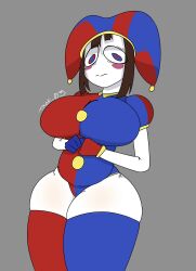 2023 2d 2d_(artwork) 2d_artwork artist_request big_breasts big_thighs breasts brown_hair female glitch_productions gloves gooseworx huge_breasts huge_thighs jester jester_cap jester_costume jester_girl jester_hat jester_outfit looking_at_viewer pomni pomni_(the_amazing_digital_circus) short_hair the_amazing_digital_circus thick_thighs white_body
